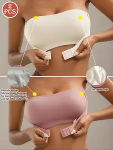 2-Pack Non-Slip Front Buckle Strapless Bralette, Jelly Strip Anti-Slip Push-Up Underwear, Seamless No Wire Bras for Spring & Fall