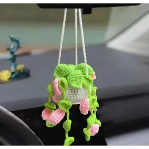 Handmade Crochet Hanging Plant Car Charm Cute Cottagecore Rearview Mirror Basket Decor Boho Accessory Ornament Lightweight Interior Aesthetic Gift for Women New Car Owners