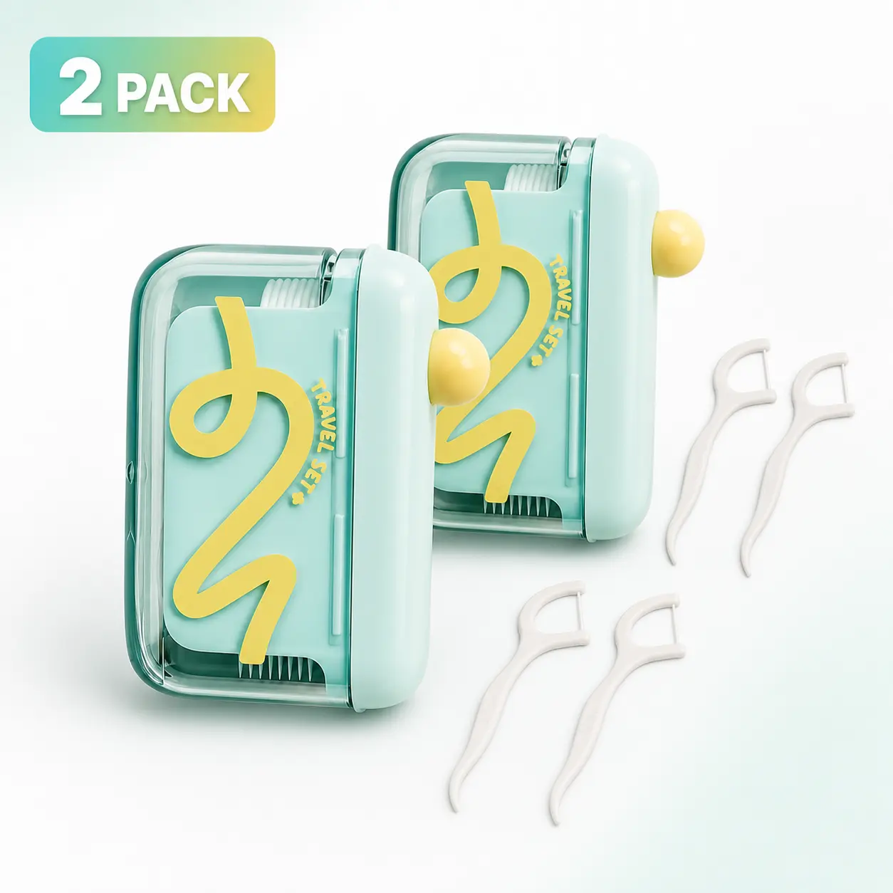 2  Dental Floss Dispenser Cases with 20 Floss Picks (10 Picks per Case), Portable Auto Pop-Up Refillable Floss Pick Holders for Adults, Travel, Home, Office and Outdoor Use