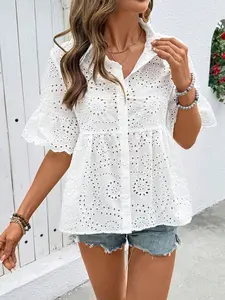 Women's Floral Embroidery Short Sleeve Blouse Shirts, Spring Summer Fashion Lace Top, Elegant Hem Ruffle Design, Trendy Ladies' Clothing