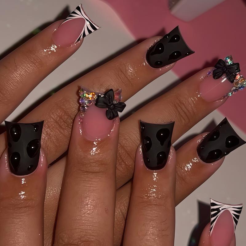 Press On Nails, Short Coffin, French Blue Cat Rhinestone, 24PCS + 5-Piece Nail Kit, Easy Apply, Perfect for Parties & Daily Wear Customized Liveroom Nail Art  Christmas gift