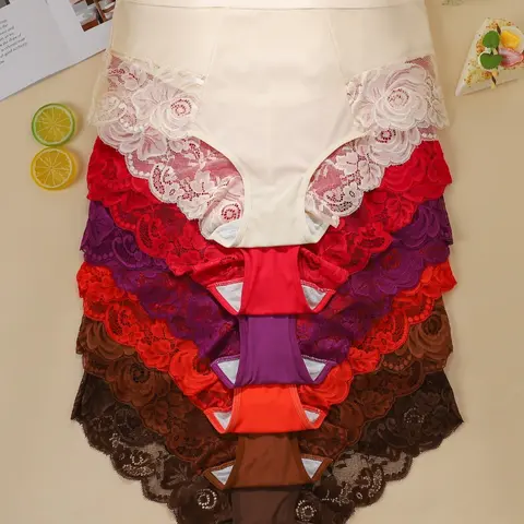 【Plus Size】Women's High-Waisted Lightweight Ice Silk Solid Everyday Panties Underwear, Soft Comfy Knicker, Breathable Lightweight Undies, Womenswear, Breathable Lining, Sexy Lace Design, Lace Trim Panty, Casual Style, All Seasons Wear, Pack of 6