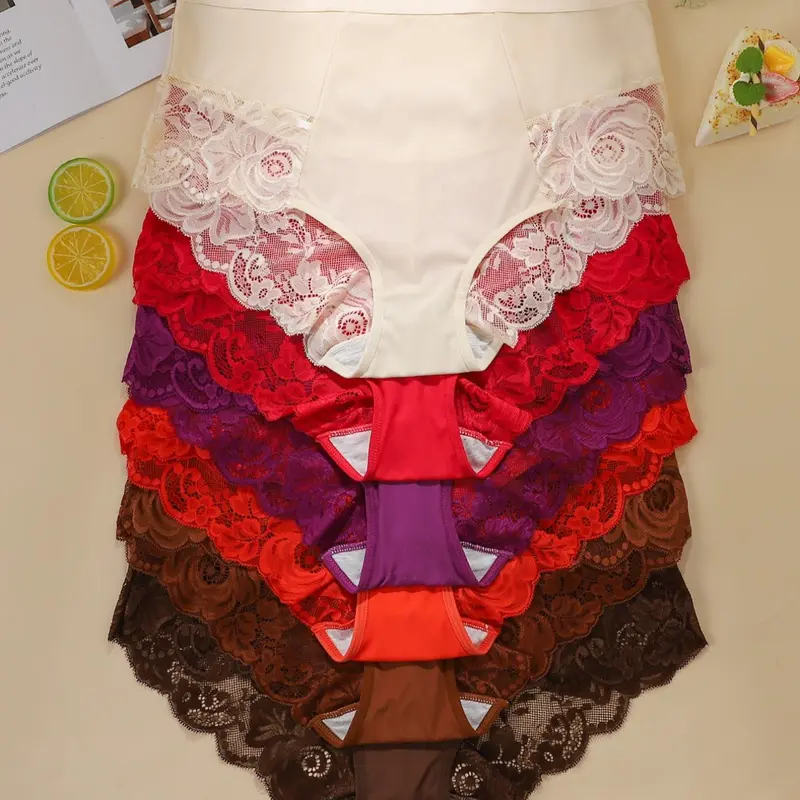 【Plus Size】Women's High-Waisted Lightweight Ice Silk Solid Everyday Panties Underwear, Soft Comfy Knicker, Breathable Lightweight Undies, Womenswear, Breathable Lining, Sexy Lace Design, Lace Trim Panty, Casual Style, All Seasons Wear, Pack of 6
