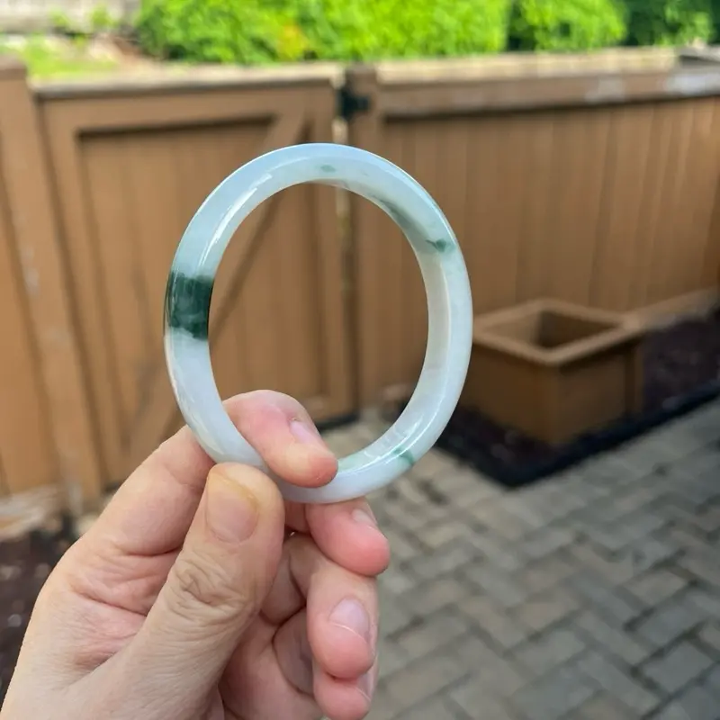 25045-OL Certified Untreated Grade A Jade Bracelet - Oval 56.6/49mm (Burmese Jadeite Bangle,  Milky White with Green Floral Pattern)