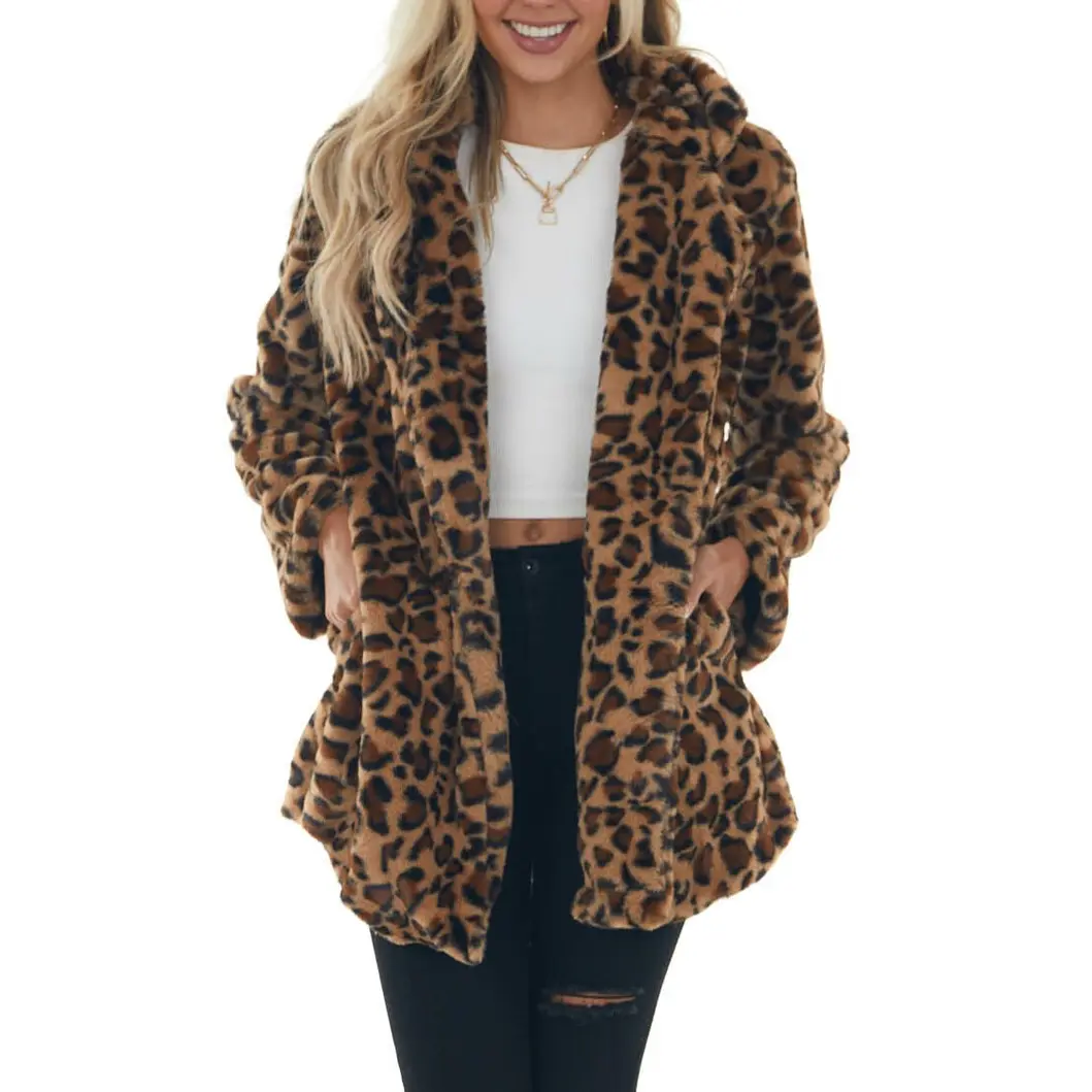 Women's Oversized Faux Fur Leopard & Polka Dot Elastane-Polyester Long Sleeve Winter Jackets - Warm Casual Coats with Pockets, Button Closure, S-XL, Coffee/Khaki, Dry Clean Only, for Parties & Everyday Wear, Fur & Faux Fur Jacket campingessentials