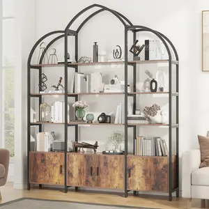 Industrial 5-Tier Triple-Wide Arched Standing Bookshelf with Steel Frame, 3 Cabinets, Open Shelves, Stable Load Capacity, Tall Height, Simple Setup, Home Office Etagere Storage Display Rack