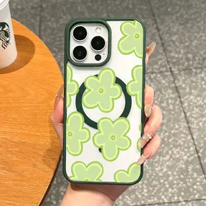Magnetic Vintage Case for iPhone 17 16 E Pro Max 15 Plus 14 13 12 11 XS XR, Aesthetic Y2K Pale Green Doodle Flower Print Vibes | Lightweight, Shockproof, Silicone, Scratch Resistant, and Cute