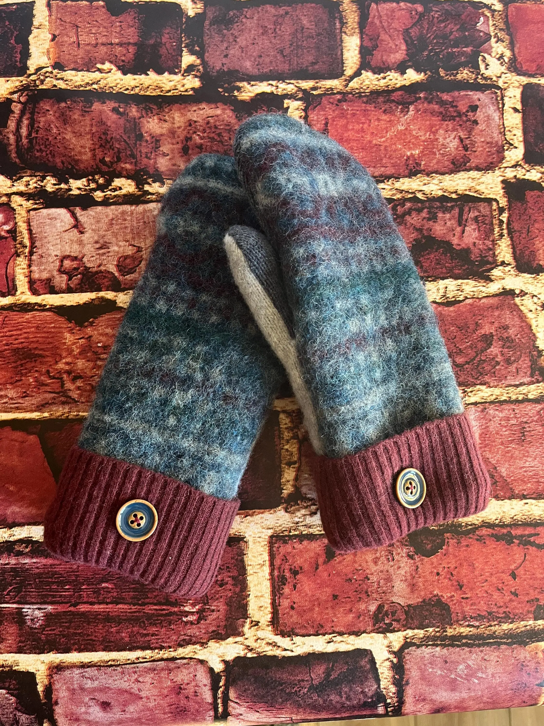 Felted sweater mittens, fair isle pattern, blue, burgundy