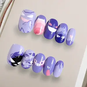 Handmade Kawaii Cute Press On Nails, Anime Nails, Best Gift for Poke Fans, Purple  Custom Hand-painted Almond Reusable Fake Nails