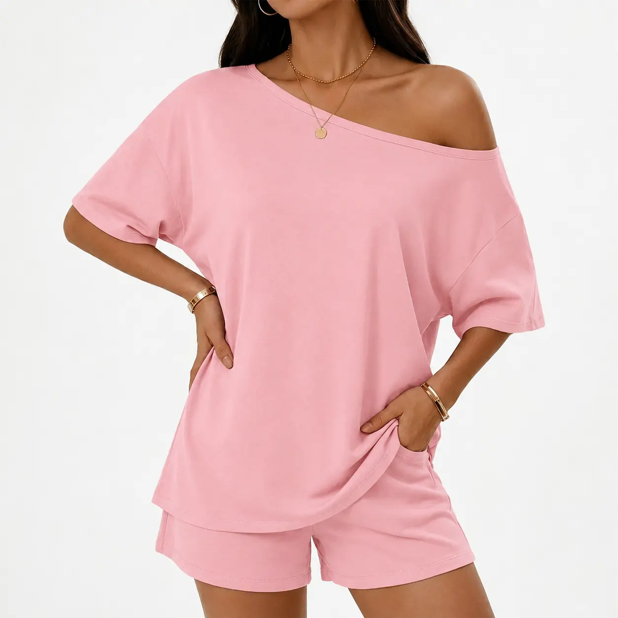 Women's Off-Shoulder Two-Piece Loungewear Set Casual Top and Slim-Fit Shorts Summer Style lightweight luxe feel all day comfort modern elegant capsule wardrobe flattering contemporary date night