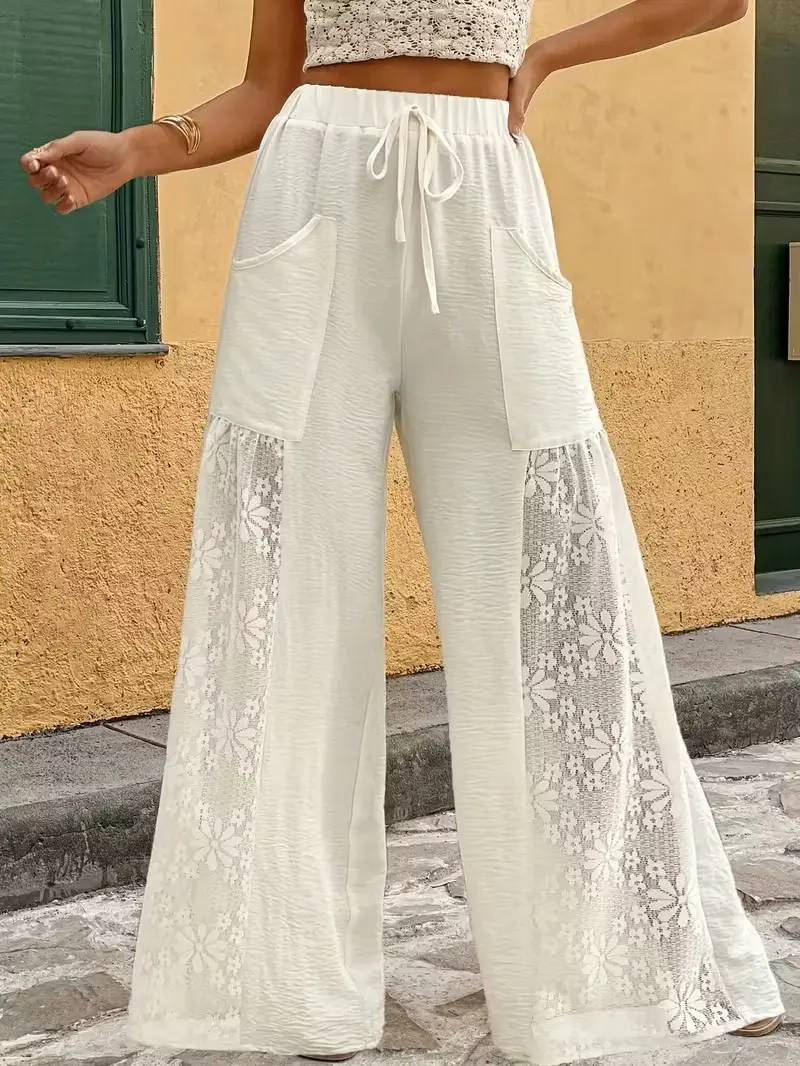Women'S Pants Floral Lace Patchwork Drawstring High-Waisted Y2k Summer Beach Vacation & Casual Everyday Bottoms