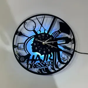 Creative LED Vinyl Record Wall Clock for Hair Salon & Barber Shop, Timekeeping & Decoration, Combines Scissors, Brush, Blow Dryer Silhouettes