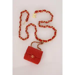 Pre-owned CHANEL Designer Handbag/Wallet 1990s Red Lambskin Micro Belt Bag 24K GP Drop 4