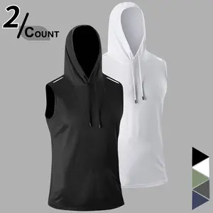 Pack of 2 Men's Sleeveless Hooded Tank Tops Breathable Polyester Fabric Casual Solid-Color Athletic Tank for Gym Everyday Wear Sportswear Stretchy Fabric Plus  Gift for Him Menswear Vests