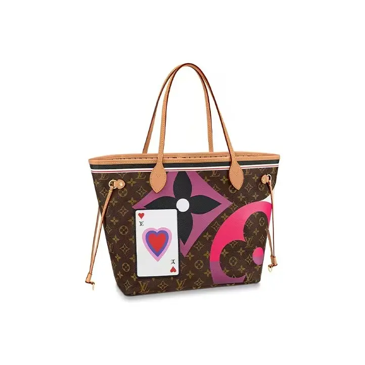 Pre-owned Louis Vuitton leather Shoulder Bags Medium Game On Heart Playing Card Print Monogram Canvas Neverfull MM Tote Shopping Bag With Natural Cowhide Trim