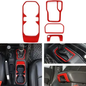 Voodonal for JL 4WD Shift Knob Gear Shift Bezel Front Cup Holder Center Armrest Switch Lock Hole Cover Trim Kits Fit for 2018-2024+Jeep Wrangler JL JLU Gladiator JT Interior Accessories 4pcs Red(at)