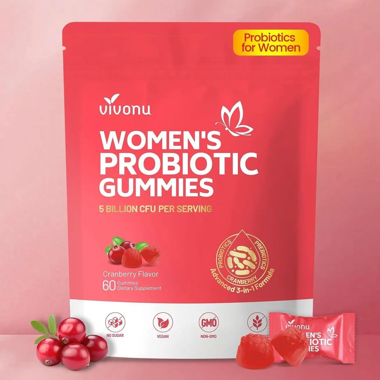 VivoNu Probiotics for Women, Women Probiotic Gummies, 500 Million CFUs, Fiber | Feminine Balance Gummies for Healthy Odour, Digestive Support and Gut Health + Vitamin C for Immune Support - 60 Gummies