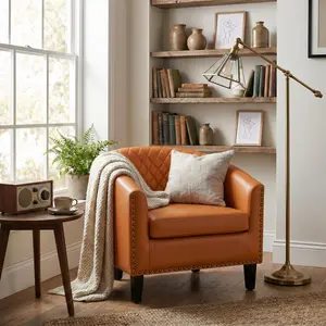 Mid-Century PU Leather Accent Chair,  Modern Barrel Armchair with Rivet Trim, 330LBS Capacity Upholstered Club Chair with Thick Cushion, Comfy Single Sofa Chair for Living Room Bedroom Office Reading Room