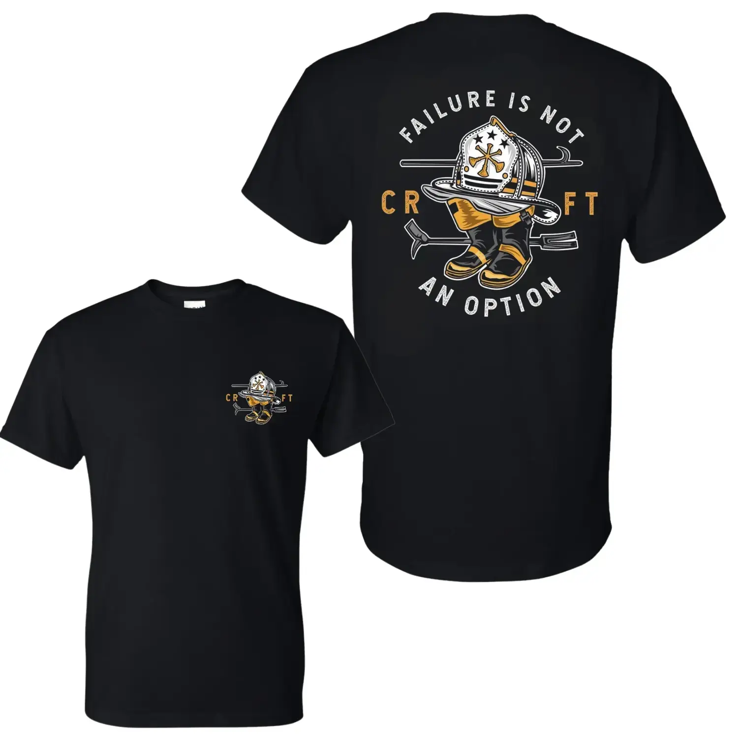Failure Is Not An Option Firefighter T-Shirt, 2 Sides, Crossed Axes Helmet Graphic Tee