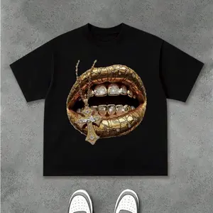 Gold Lip Grillz Cross Graphic T-Shirt Oversized Streetwear Unisex 100% Cotton Baggy Hip Hop Tee