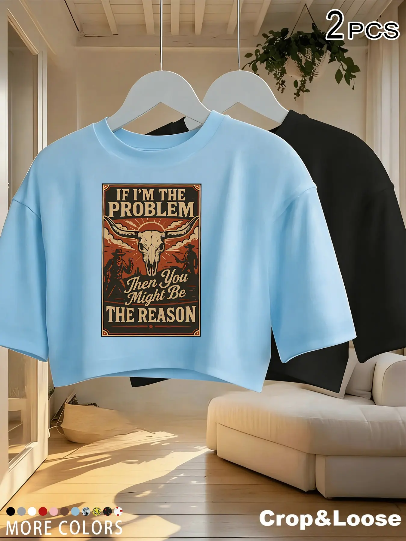 2 PCS 'If I'm The Problem' Western Crop Tops for Women, Baggy, Y2K Vintage Bull Skull Graphic Tees, Casual Loose Short Sleeve Country Music T-Shirts, Country Concert Outfit, Daily Wear, Rodeo, Streetwear, Western Style, Gen Z Fashion Lovers
