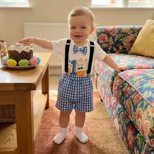Baby Boy 1st Easter Outfit Letter Bunny Print Short Sleeve Bowtie Romper Plaid Suspender Shorts 2 Pcs Outfit