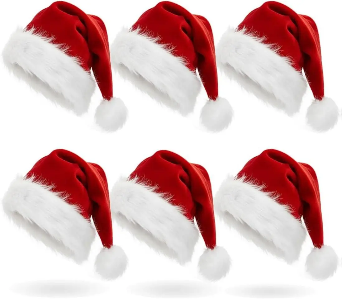 6 Pack Plush Santa Hat Confortable Velvet Red Christmas Hat for Christmas Party Favors Fit for Adults and Kids