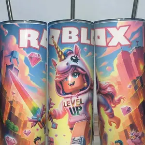 Roblox "Level Up" 20oz Tumbler with Unicorn Design and Rainbow Accents for Gamers Mug Water Bottles