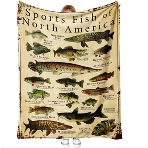 Sports Fish of North America Flannel Throw Blanket 60 x 50 in - Cozy Vintage Fishing Gifts for Men Dad, Bass Trout Walleye Pike Catfish Bluegill, for Couch Sofa Bed Cabin Decor, Printed on One Side with a Plain White Back, Halloween Thanksgiving Christmas