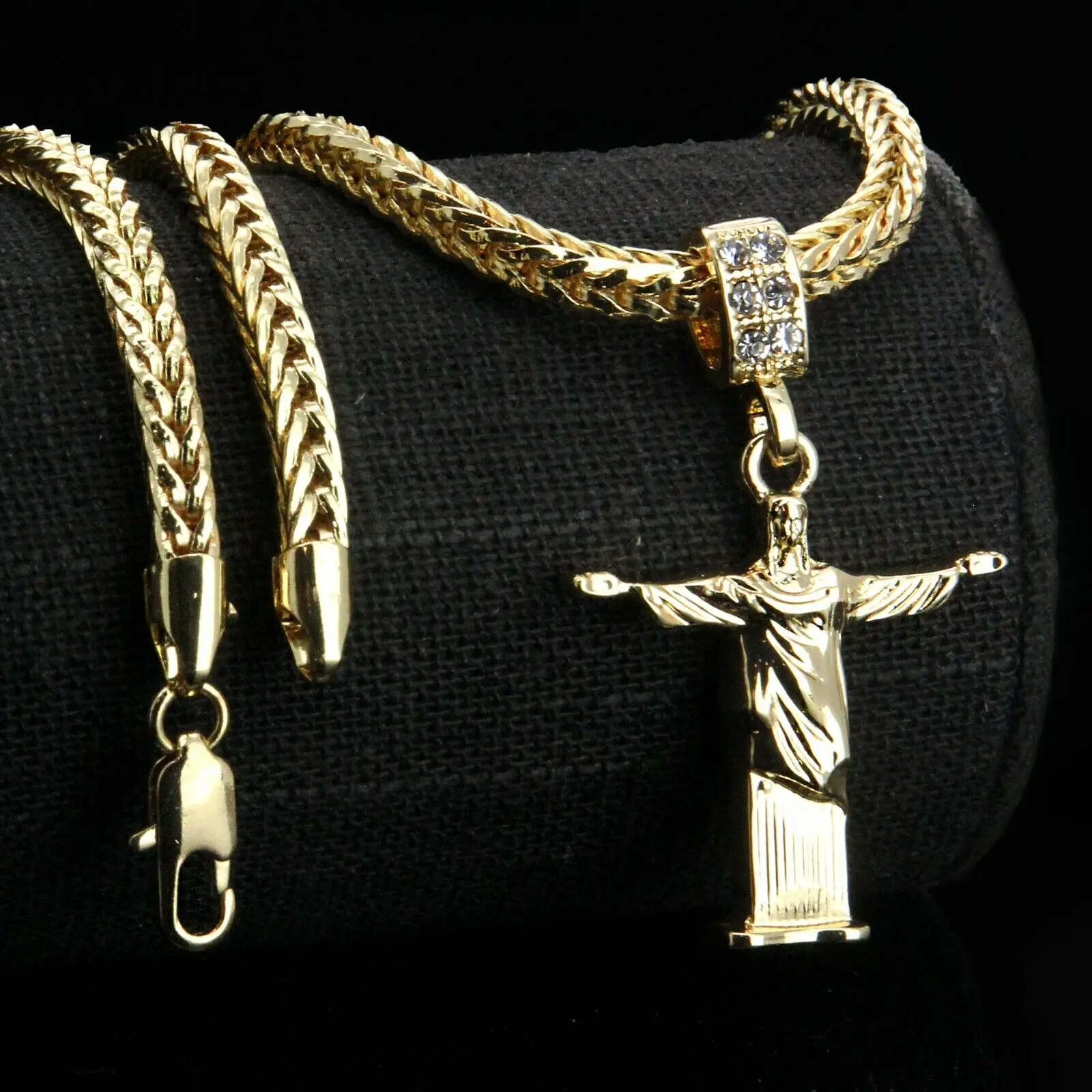 MaxBling81 14k Gold/Silver Plated Redeemer Jesus Religious Pendant Necklace with 4mm 18"/20"/24" Stainless Steel Base Franco Chain, Fashion Costume Jewelry Accessory