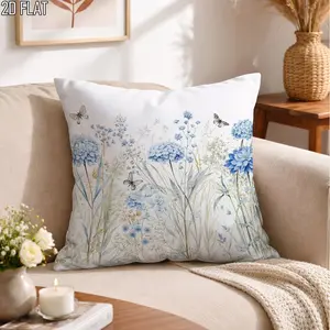 Spring Floral Boho Pillowcase, Blue Decorative Pillow Cover, Single Side Print, for Living Room Bedroom Sofa Bed, No Insert Included