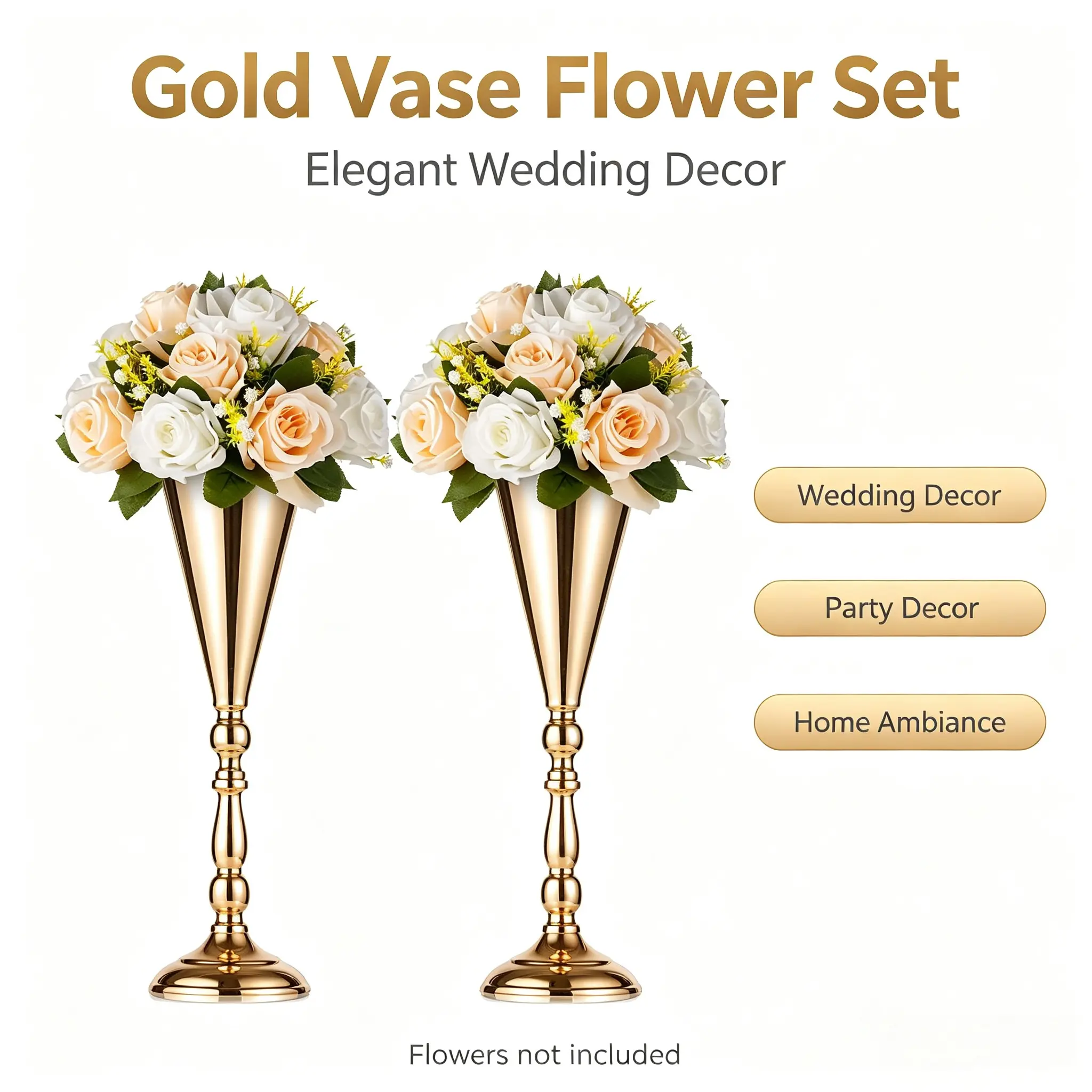 2Pcs Gold Tall Trumpet Iron Vases, Luxury Metal Floral Compote Centerpieces, Elegant Tabletop Ornaments for Wedding Reception, Banquet, Christmas, Fall, Halloween, Home Decor, Gift Box, Flowers Not Included