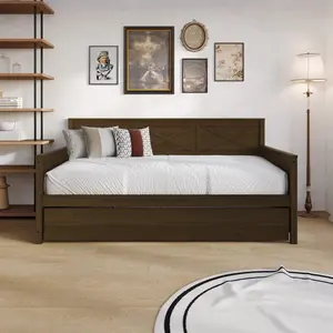 Favorer Minot Twin Wood Daybed with Pull-out Trundle - Rustic X-Pattern, Solid Rubberwood Frame, Space-Saving Design, Brown Finish/ Black Finish