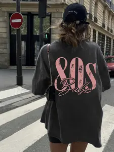 Women's /teen girl's Oversized "80s Babe" Graphic Tee, Vintage Washed Casual Fashion T-Shirt, Retro Streetwear For Daily  Comfortable Drop Shoulder Oversized Tee, Y2K Style For Summer & Hangouts