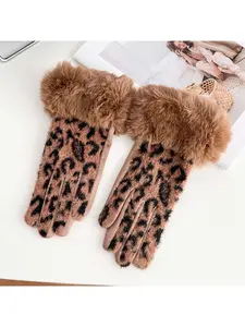 Leopard Print Suede Fluffy Gloves for Winter Cycling - Women's Warm Cold-Proof Windproof Fleece-Lined Gloves for Autumn and Winter