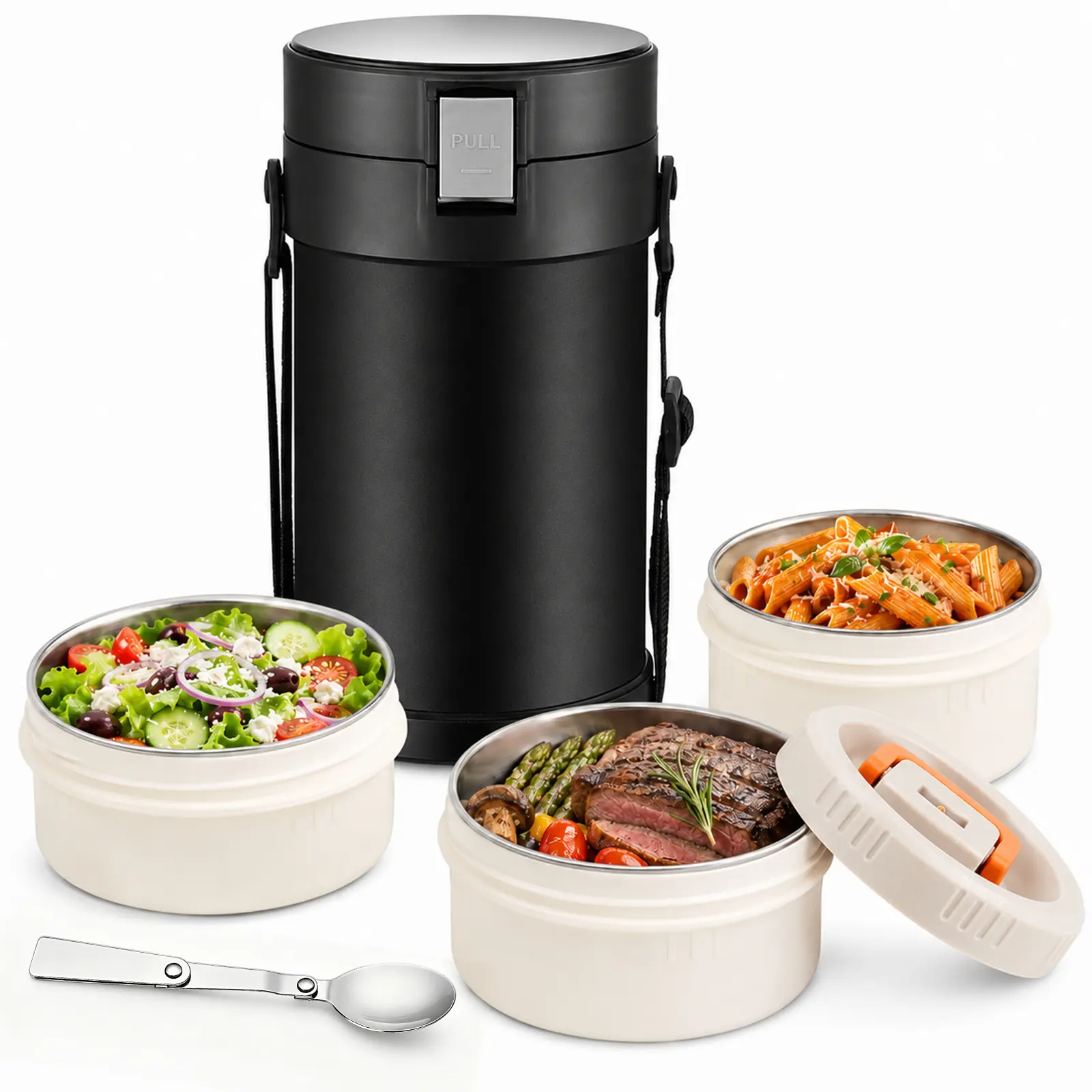 304 Stainless Steel BPA Free 3 Compartments Leak Proof Double Walled Insulated Large Capacity 6-8 Hours Heat or Cold Retention Lunch Box