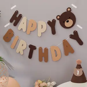 1 Pack Brown Bear Happy Birthday Banner - Indoor Backdrops - Cute Woodland Forest Animal Theme Letter Bunting for Party Decorations - Teddy Bear Birthday Garland for Boys Girls Home Room Decor - 1 Pc Hanging Paper Sign Supplies