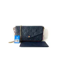 Pre-owned Louis Vuitton LV Navy Blue Monogram Crossbody Bag with Gold Chain Strap and Matching Wallet