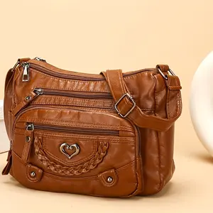 Multi-Pocket Hot Selling Vintage Crossbody Bag - Adjustable Shoulder Strap & Multi-Pocket Design, Large Capacity Heart Decoration Casual Monochrome Tote, Fashionable Trendy Choice, Suitable for Daily Use (Brown/Gray/Red/Black)