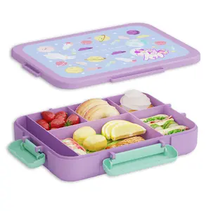 Mini Bento Lunch Box for Kids Lightweight Leak-Proof 5 Slots Food Container with Dino Unicorn Candy Cards for School Meal Prep Fun and Functional Design