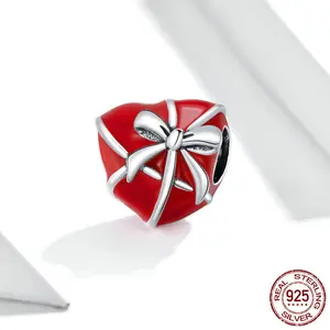 925 Sterling Silver Red Enamel Heart Gift Bow Charm for Bracelets