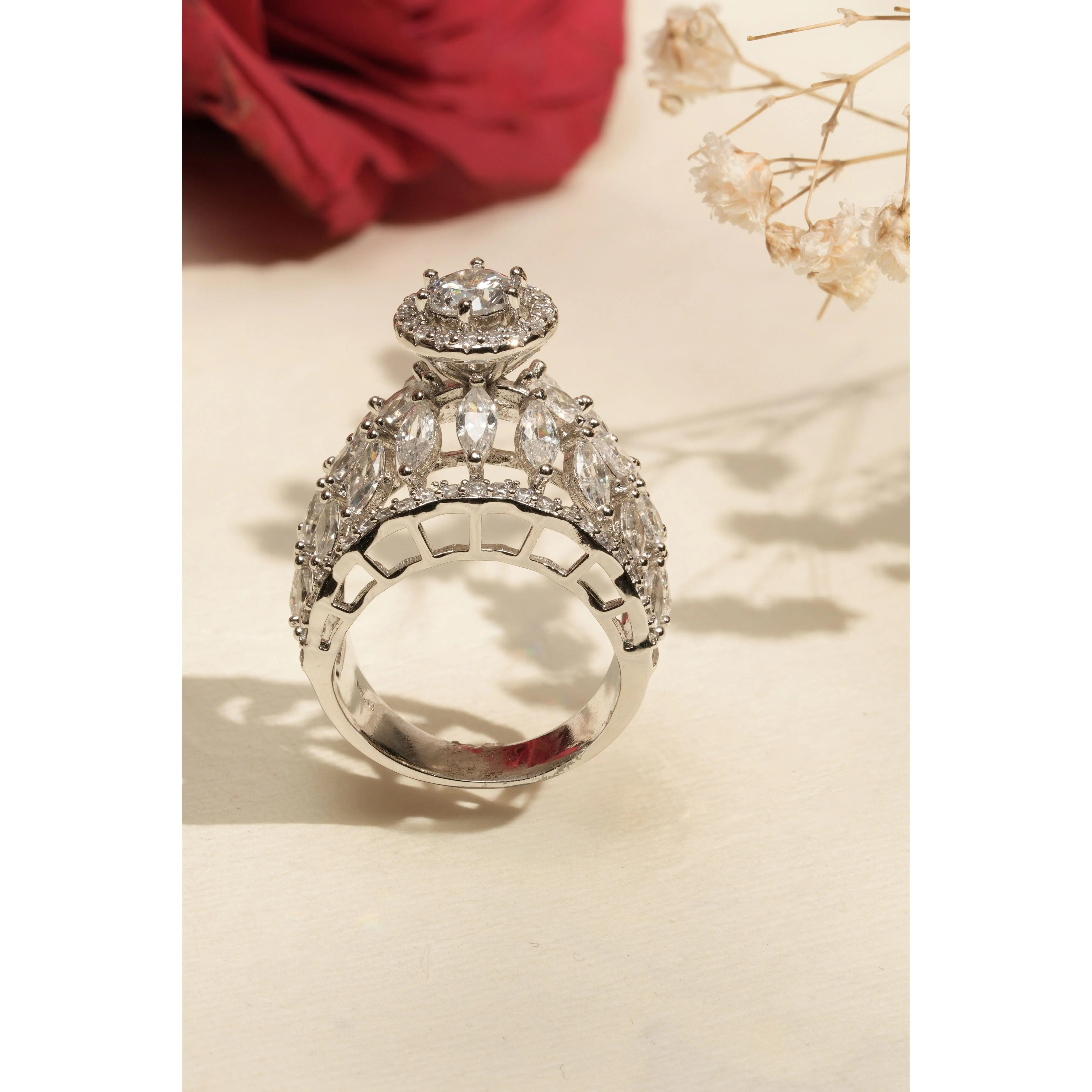 Blossom Leaf Solitaire CZ Ring | Swarovski Marquise Rhodium | Mataari