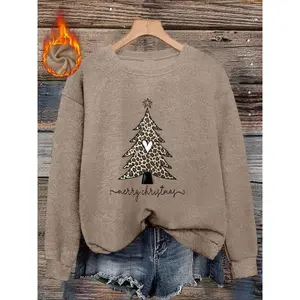 Women's Christmas Tree Print Faux Fur Sweater, Casual Fashion Round Neck Long Sleeve Top, Fall & Winter Comfortable Knitwear