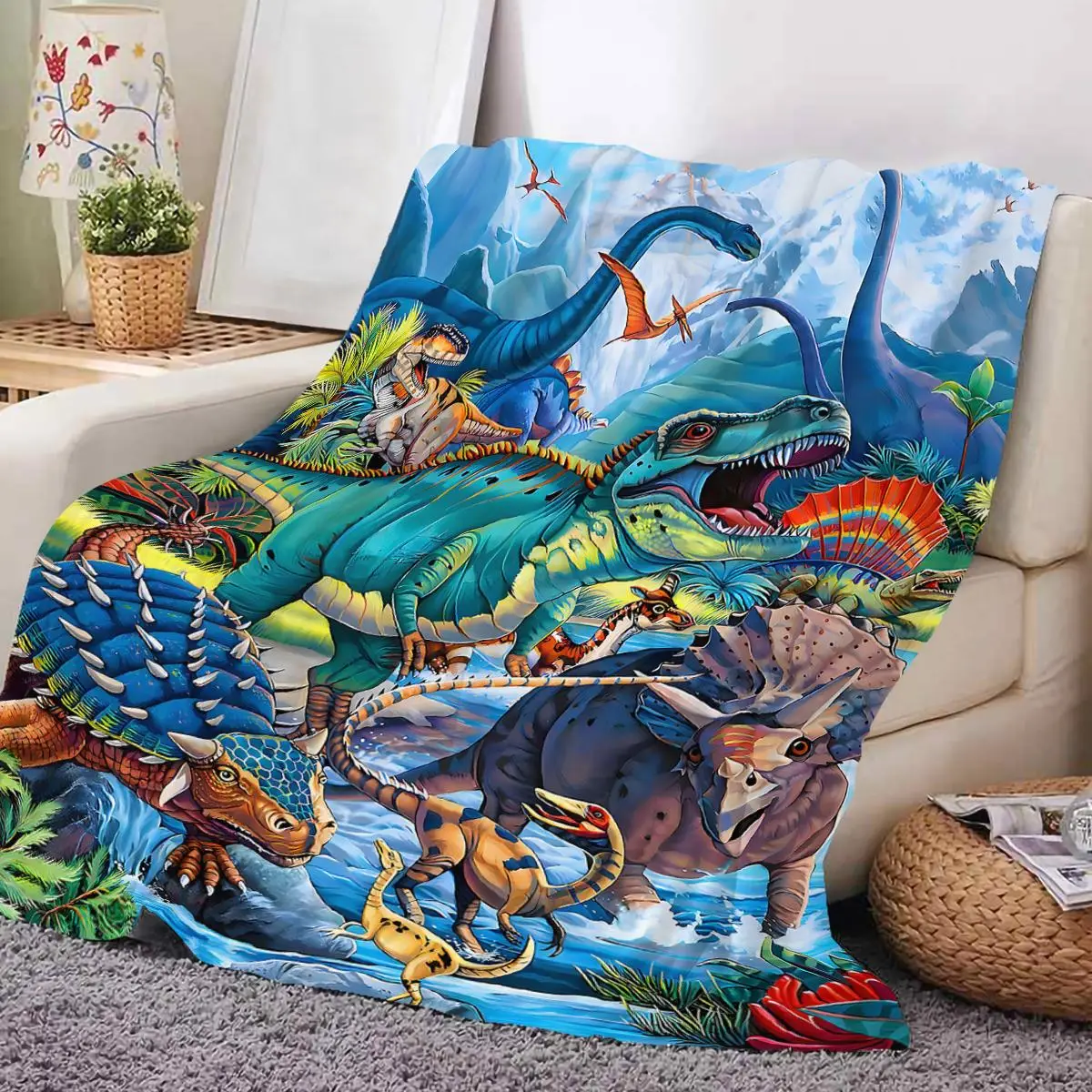 Cartoon Dinosaur Print Blanket, Casual Soft Throw Blanket, Air-conditioned Room Blanket, Cool Bedroom Accessories, Bedroom Gadgets, Warm Nap Blanket f