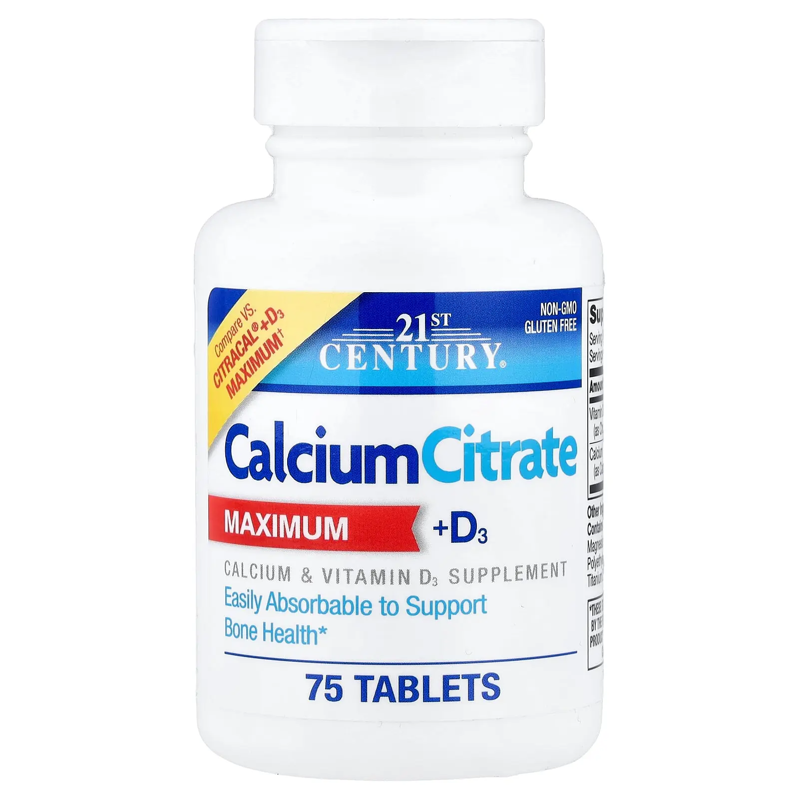 21st Century Calcium Citrate + D3 Maximum, 75 Tablets