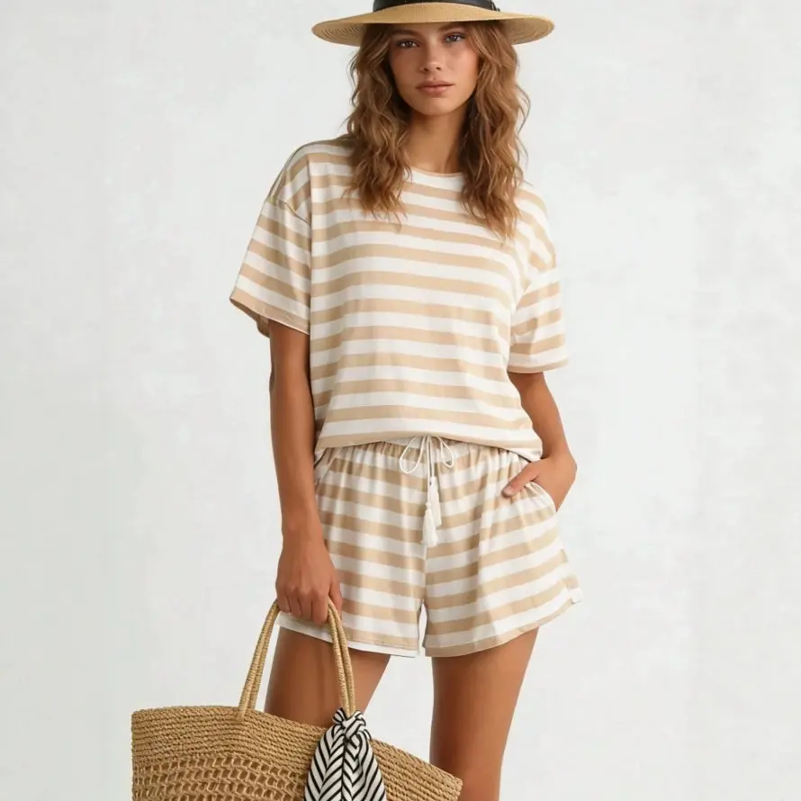 PHEFEE Women's 2-Piece Striped Matching Set - Oversized Shortsleeve T-Shirt, Drawstring Shorts, Breathable Lightweight Loungewear for Summer Beach Vacation Clothes Womenswear Suits Top Bridal
