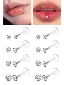 8PCS 16G Clear Push Top Piercing Retainers Earrings For Work, Bioflex Lip Rings Labret Helix Tragus Medusa Monroe Retainer For Women Men 6-10mm Bar Length Body Piercing Jewelry