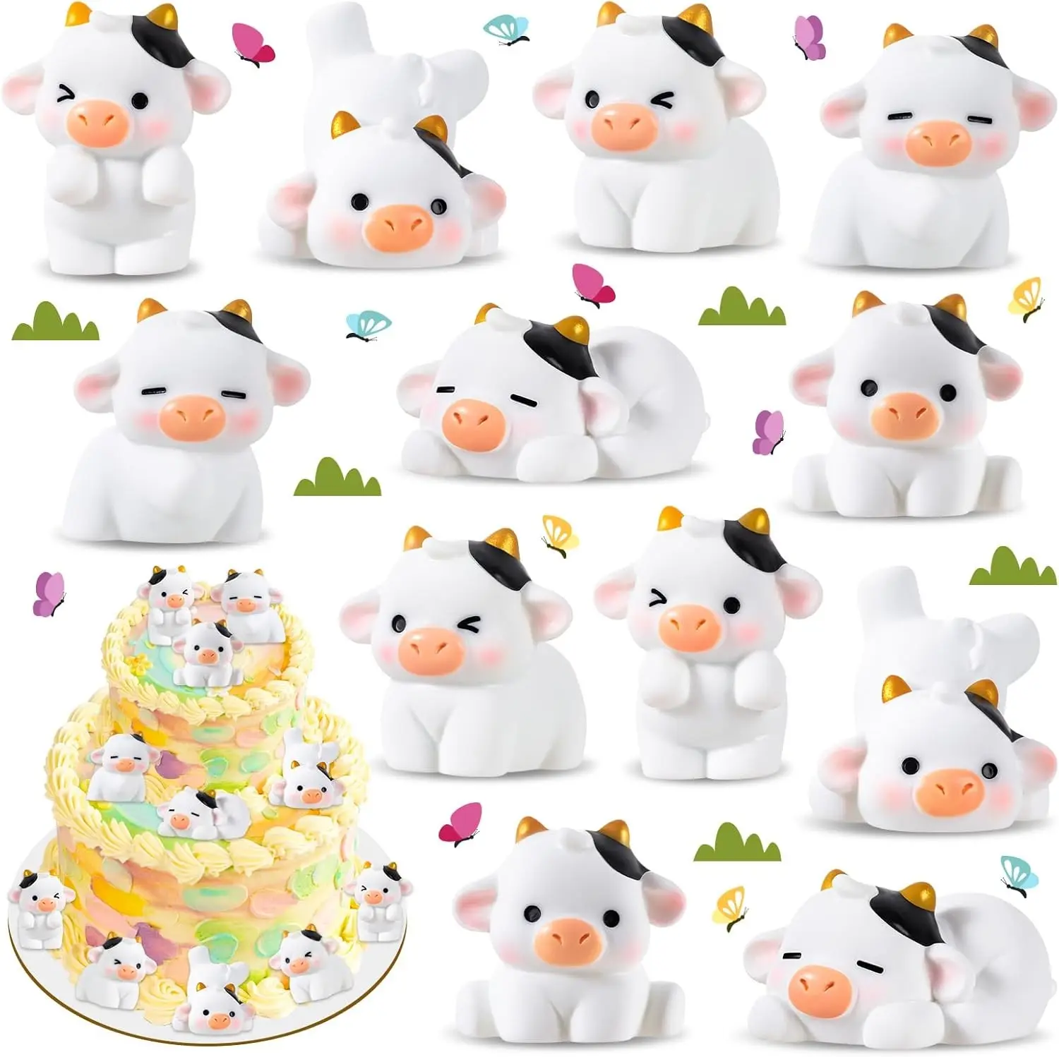 12 Pcs Mini Resin Cows Figurines Tiny Mini Cute Cow Figurines Cupcake Toppers Fairy Garden Landscape Ornaments for Home Decor Cake Decoration DIY Crafts