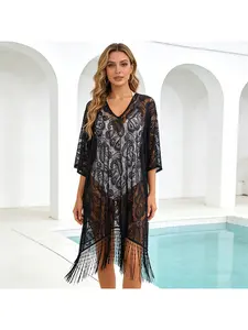 Spring Summer Women Lace Crochet Cover Up Shawl Beach Towel Scarf Wrap for Travel Vacation Outdoor Wear Lightweight Breathable Fashion Accessory with Fringe Trim
