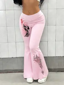 Viral TikTok Y2K bell-bottoms! High-waisted, stretch fabric, with decadent angel and gothic print bell-bottoms. Perfect for E-Girl aesthetics, casual outfits, and street style. Slim fit with eye-catching patterns.
